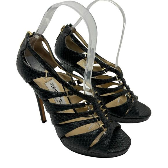 Jimmy Choo Black Leather Green Shimmer Gladiator Cage Platform Stiletto Sandals - Picture 6 of 11